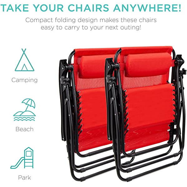 Best Choice Products Set of 2 Adjustable Steel Mesh Zero Gravity Lounge Chair Recliners w/Pillows and Cup Holder Trays - Burgundy