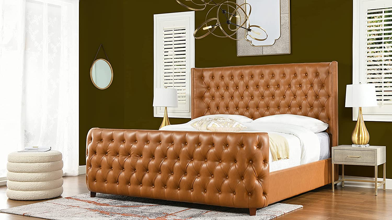 【Furniture】Tufted Panel Bed Headboard and Footboard Set, King, Light Beige