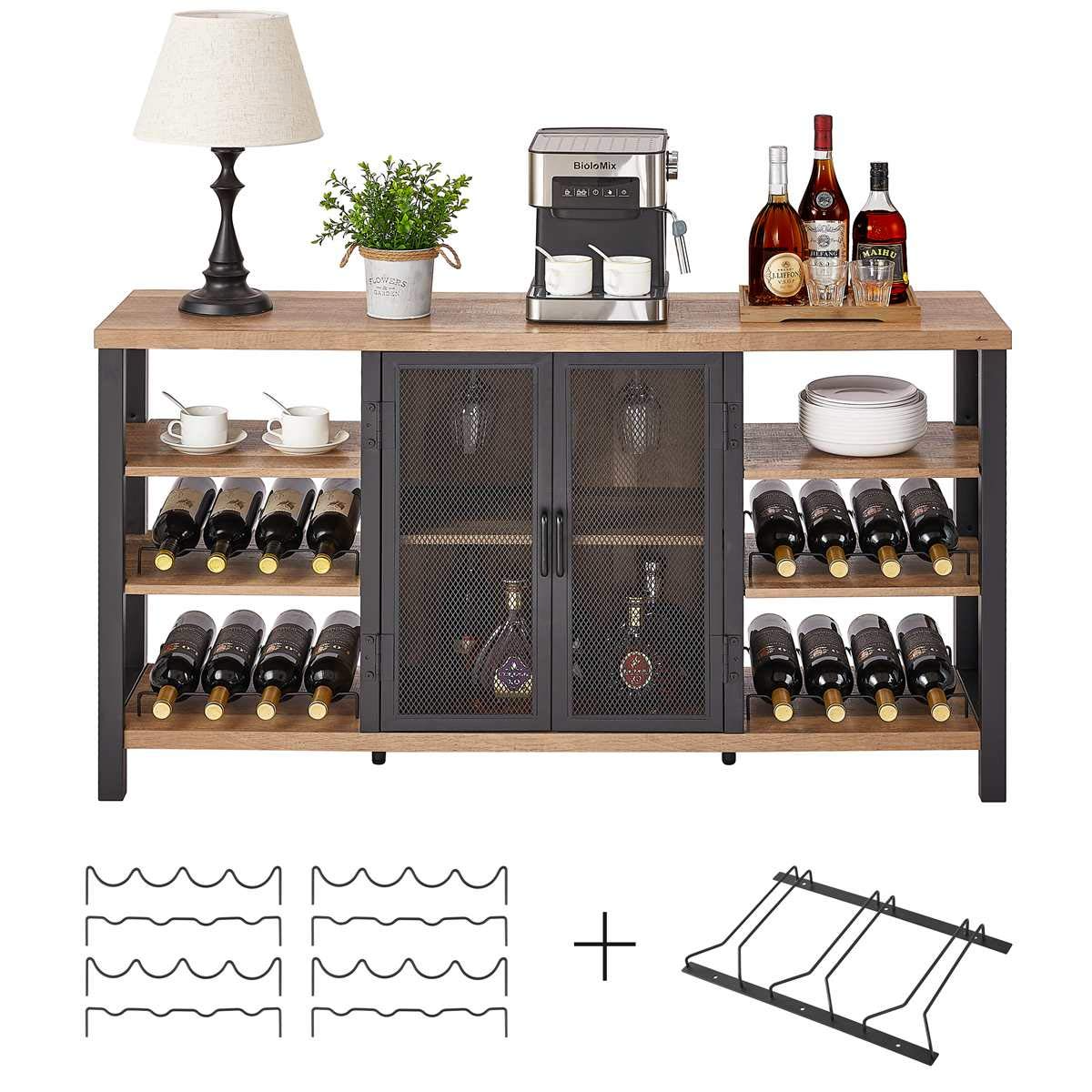 【Furniture】Industrial Wine Bar Cabinet for Liquor & Glasses, Farmhouse Wood Coffee Bar Cabinet with Wine Rack