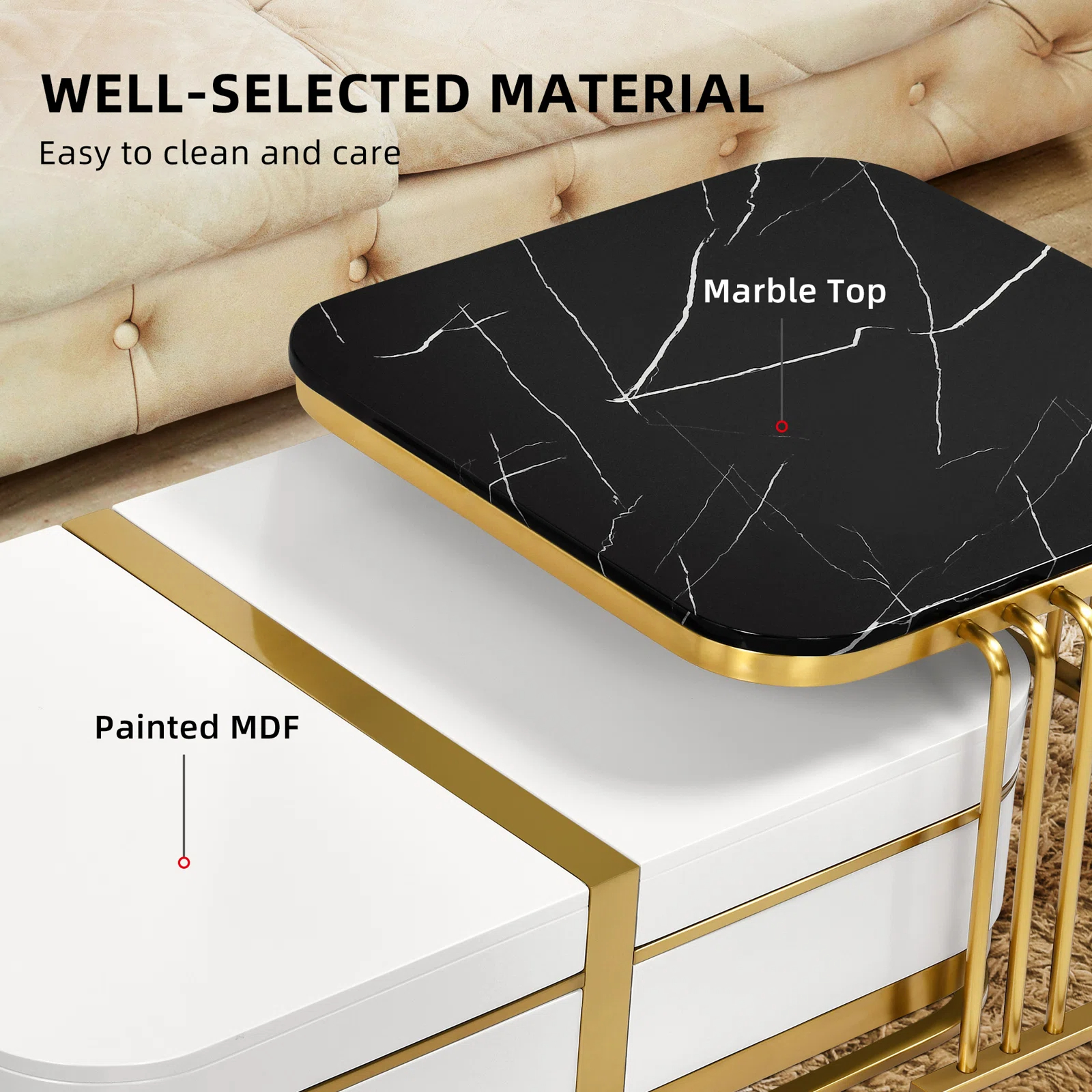 【Furniture】Rectangular Nesting Coffee Table with Storage for Living Room