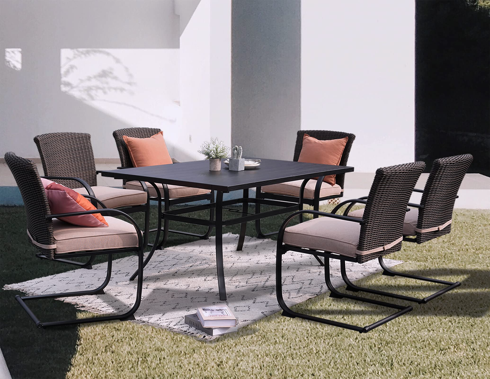 【Furniture】Outdoor 7 Pcs Dining Table Set, Modern Woodgrain-Look Metal Table & Wicker Chairs for 6
