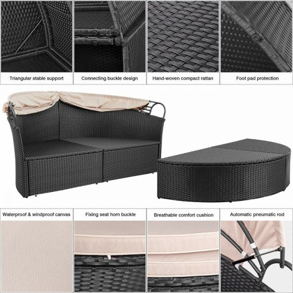 【Furniture】66” Wide Outdoor Wicker Patio Daybed with Cushions