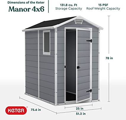 Keter Manor Outdoor Plastic Garden Storage Shed, Grey, 6 x 4 ft