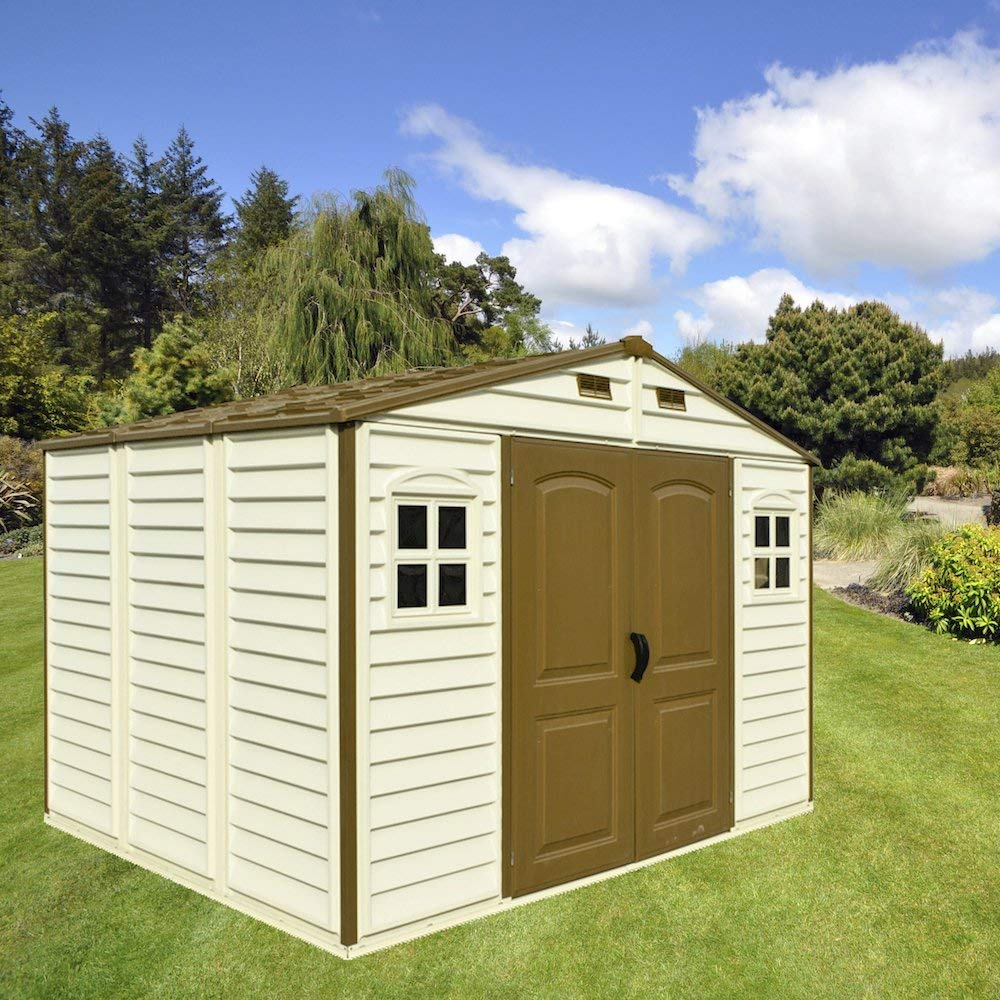 Duramax WoodSide 10 x 8 (8.02 m2) Plastic Garden Shed with 3 Fixed Windows & Metal Foundation Kit, Strong Metal Roof Structure Fire Retardant and Maintenance-Free Storage Shed