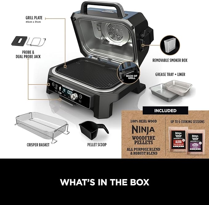 Ninja Woodfire Pro Connect XL Electric Grill and Smoker with App Control, Digital Probe, Large 7-in-1 Outdoor Grill and Air Fryer with Woodfire Pellet, Weather Resistant, Blue and Black OG901UK