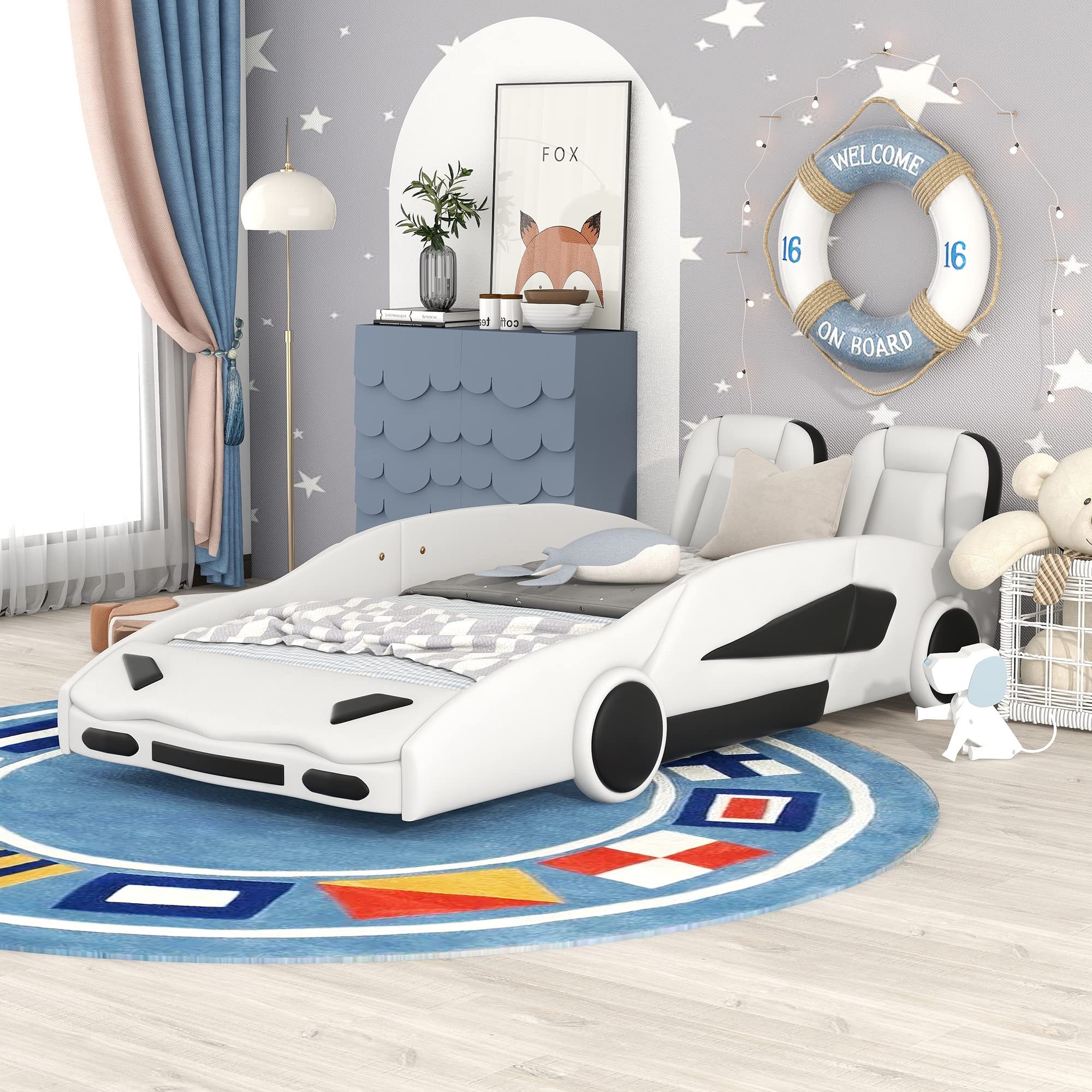 【Furniture】Twin Size Kids Platform Bed, Race Car-Shaped Bed with Wheels Design, Faux Leather Upholstered Bed Frame
