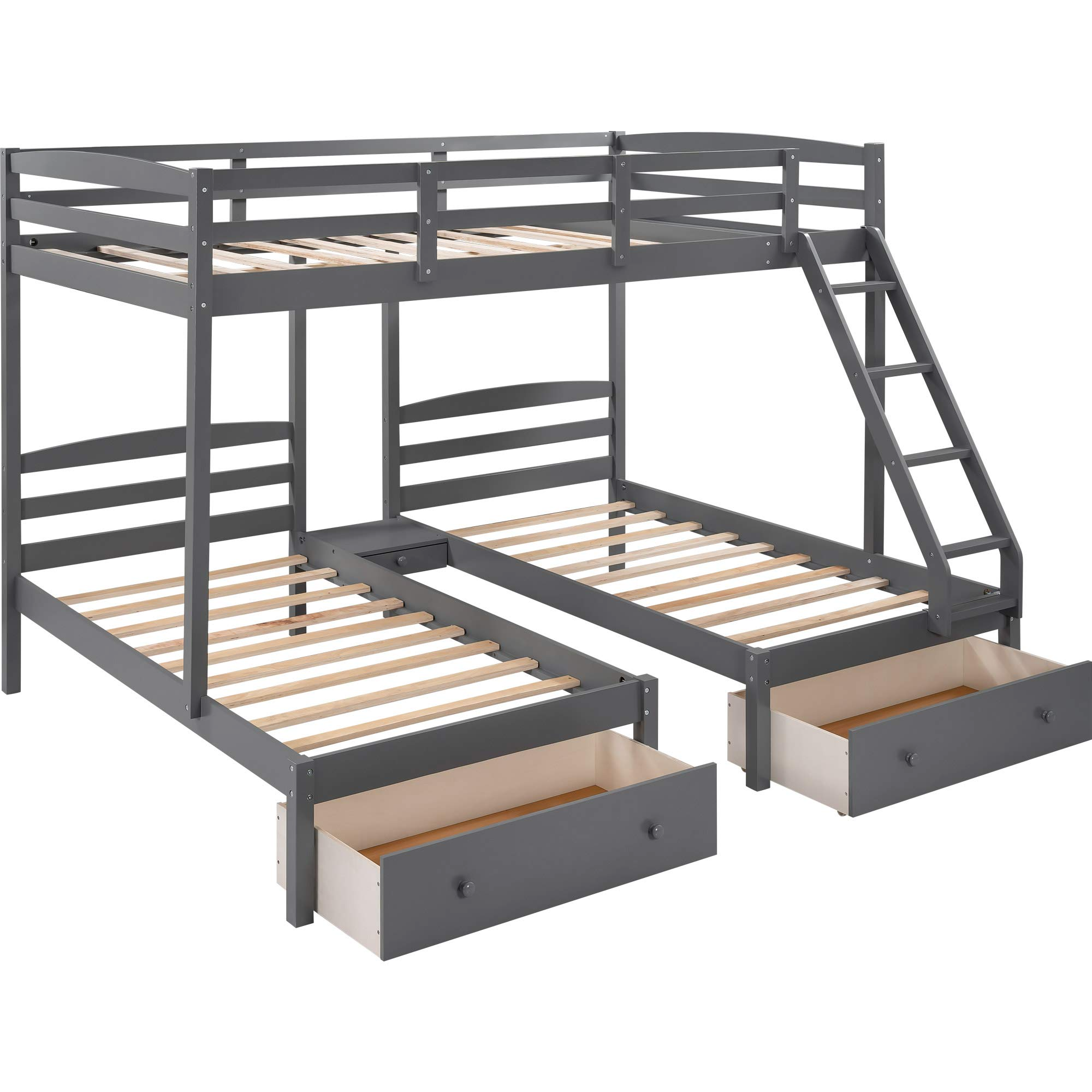 【Furniture】Triple Bunk Bed Full Over 2 Twin Bunk Bed with 3 Drawers & Guardrails, Bunk Bed for Family, Teens