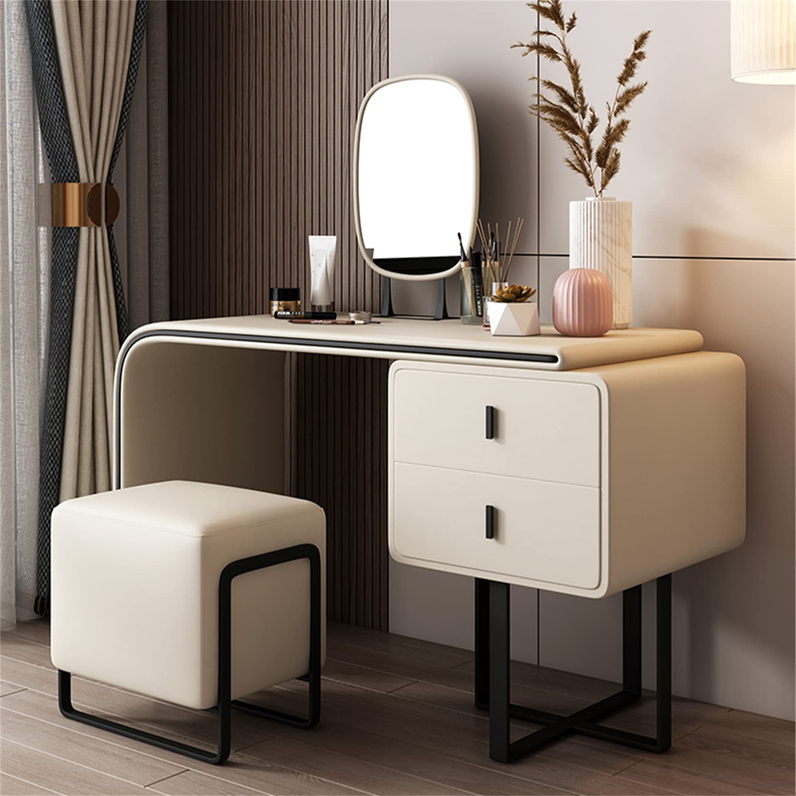 【Furniture】Modern Extendable Makeup Vanity Table with PU Leather, 2 Wood Drawers, Side Cabinet