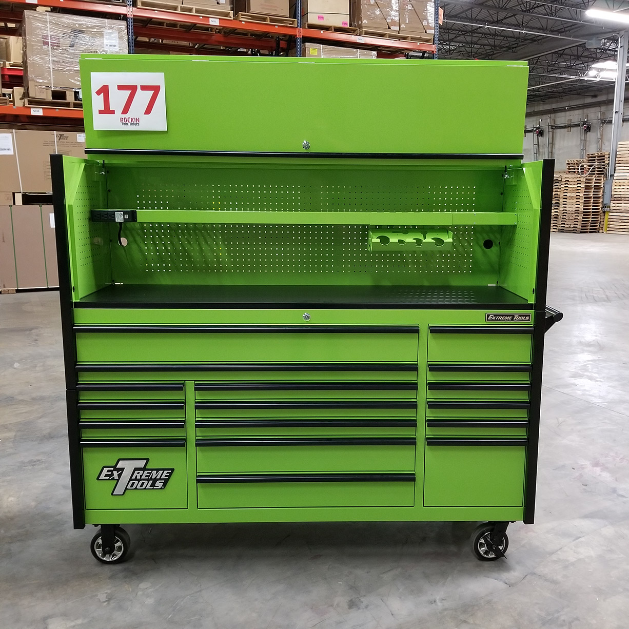 used toolboxScratch & Dent, Extreme Tools DX Series 72 x 21 Triple Bank Roller & Hutch Combo in Green-Black C Showroom Demo