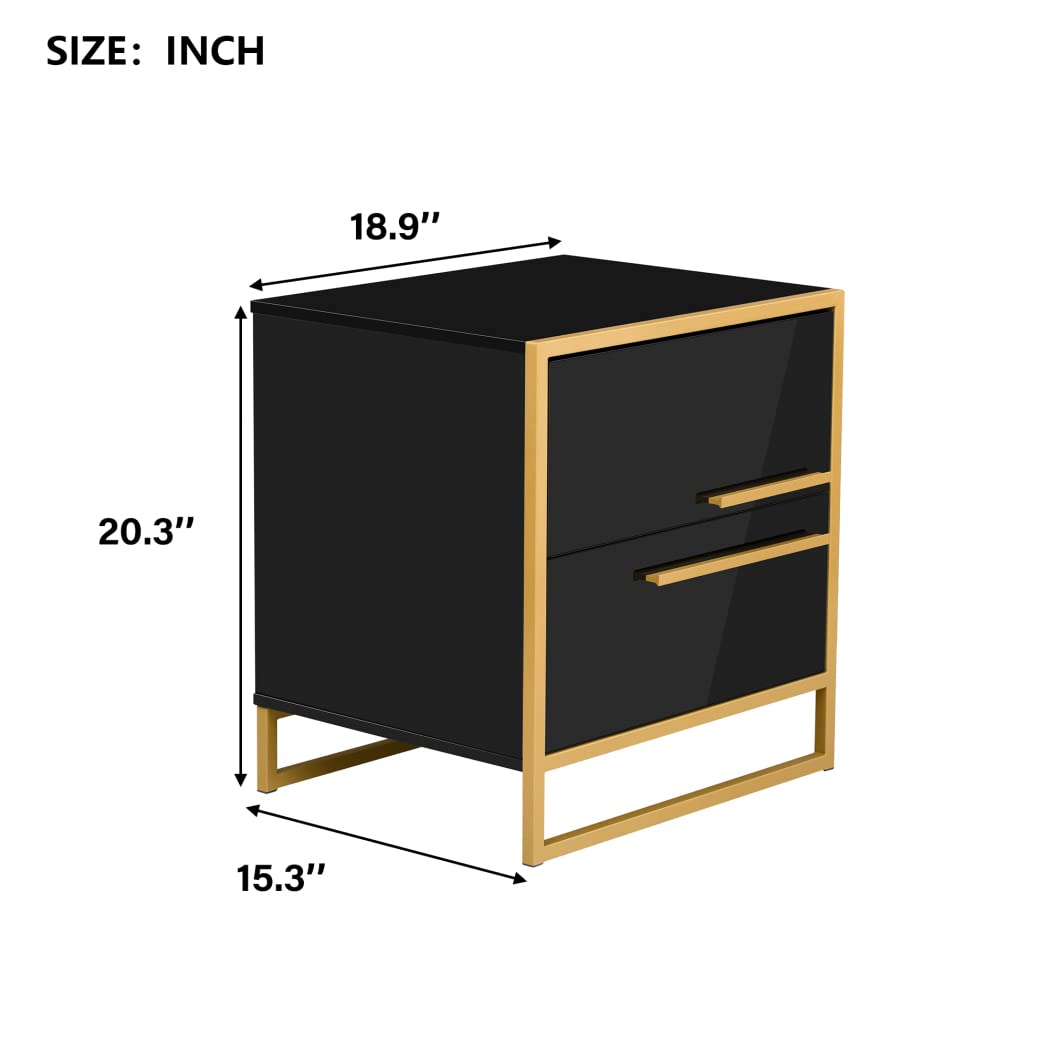 【Furniture】Nightstand with 2 Storage Drawers, Bedside Table with Gold Legs, End Table-Black