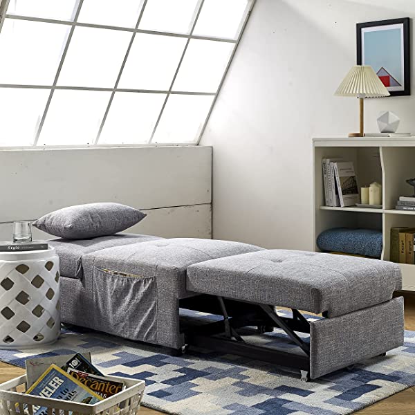 4-in-1 Sleeper Sofa Bed, HABITRIO Solid Wood Frame Polyester Upholstered Seating Couch w/A Pillow, Work As Ottoman, Single Chair, Sofabed and Chaise Lounge, Fit for Living Room, Bedroom (Grey)