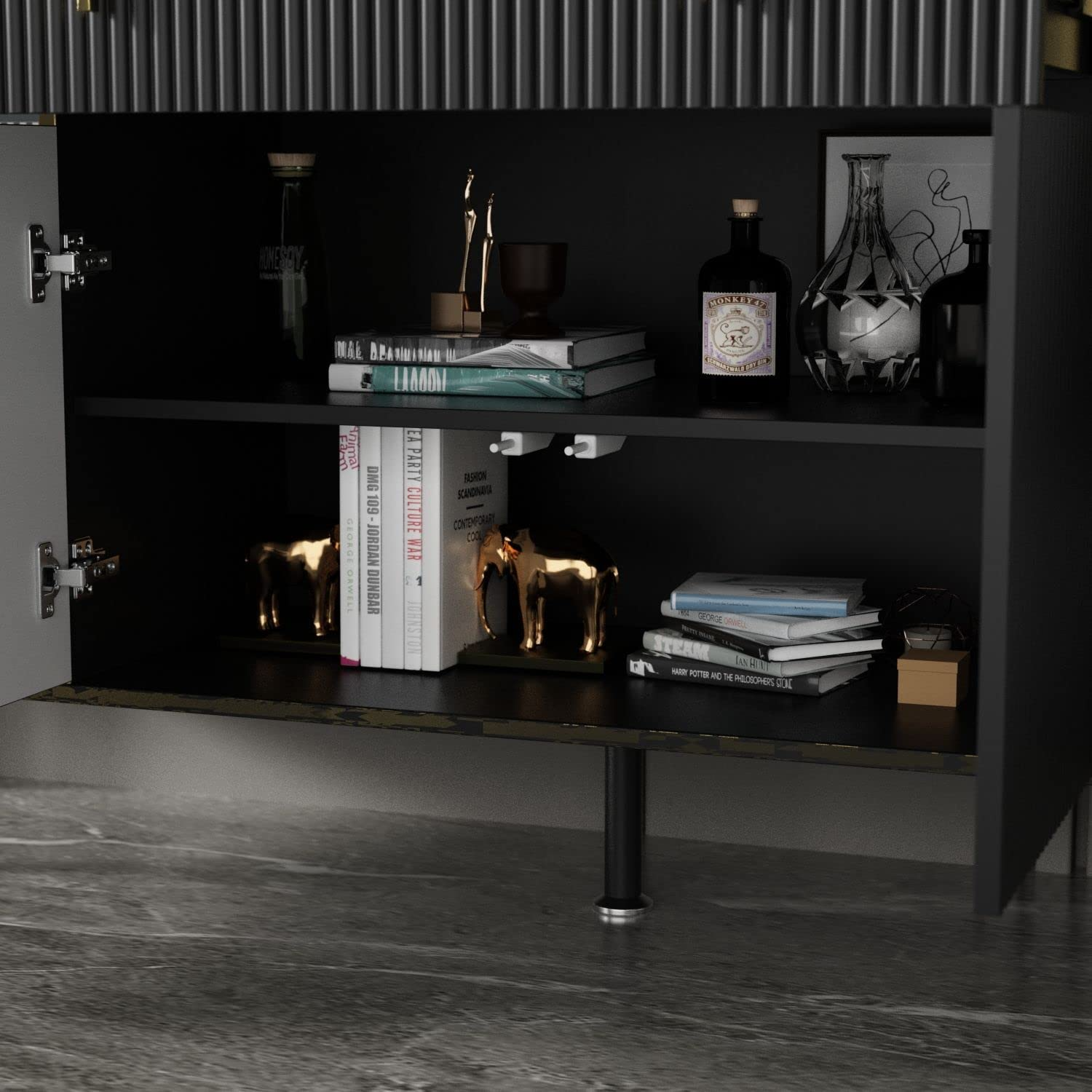 【Furniture】Modern Credenza Sideboard Buffet with Drawer & Pop-Up Doors, Buffet Sideboard Storage Cabinet