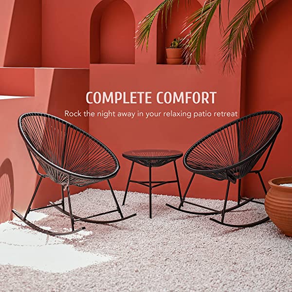 VONLUCE 3 Piece Outdoor Acapulco Bistro Set, Patio Furniture Set with Glass Top Table and 2 Rocking Chairs with Hand-Woven Rope, All Weather 3pc Conversation Set for Balcony and Patio Décor, Black