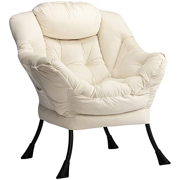AbocoFur Modern Large Cotton Fabric Lazy Chair，Accent Contemporary Lounge Chair, Single Steel Frame Leisure Sofa Chair with Armrests and A Side Pocket, Beige
