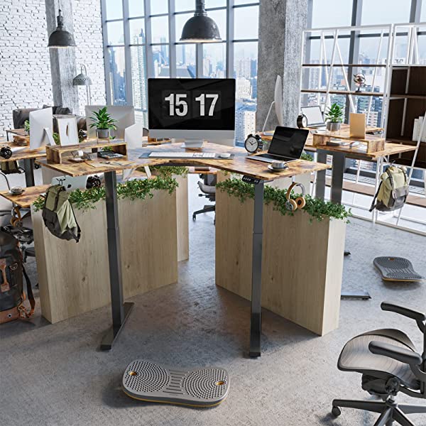 FEZIBO Dual Motor L-Shaped Electric Standing Desk, 48 Inches Height Adjustable Corner Desk, Full Sit Stand Home Office Table with Splice Board, Black Frame/Rustic Brown Top