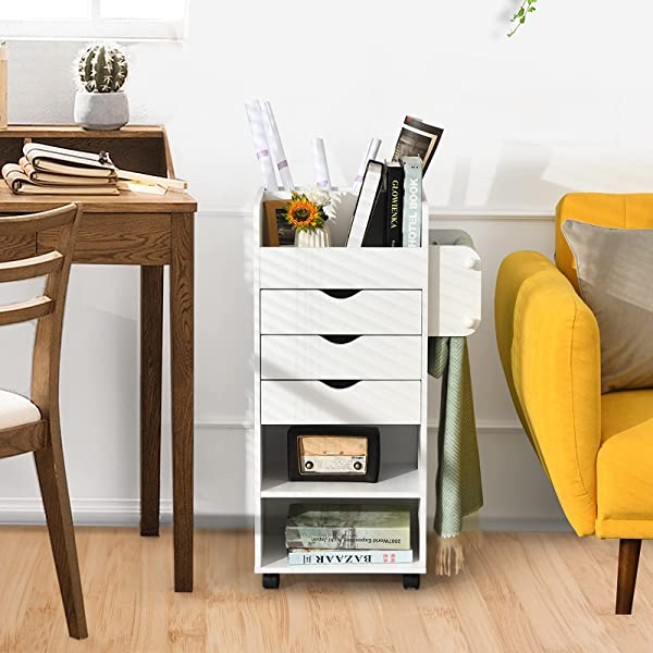 Tangkula Rolling Storage Drawer Cart, Wooden Utility Cart w/ 3 Drawers, 3 Shelves, 3 Slots and 2 Dowels, Organizer Cabinet w/ Lockable Casters, Mobile Cart for Study, Living Room, Office, White
