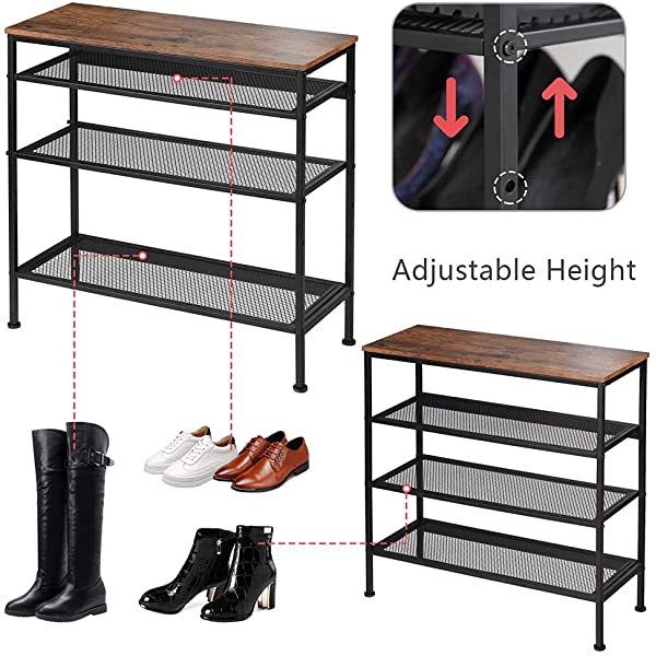 Dulcii Shoe Rack, 4 Tiers Height Adjustable Shoe Organizer Industrial Shoe Cabinet Storage with Retro Wooden Panel/Metal Mesh Shelves for Entryway, Living Room, Hallway, Bathroom, 30×12×28.3 Inch
