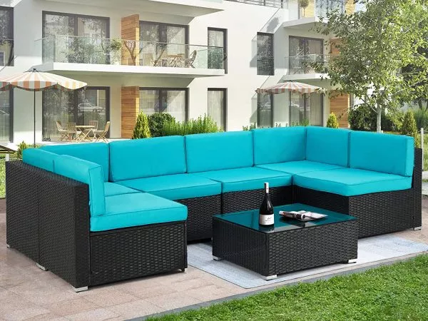 7 PIECE OUTDOOR PATIO FURNITURE SET, PE RATTAN WICKER SOFA SET