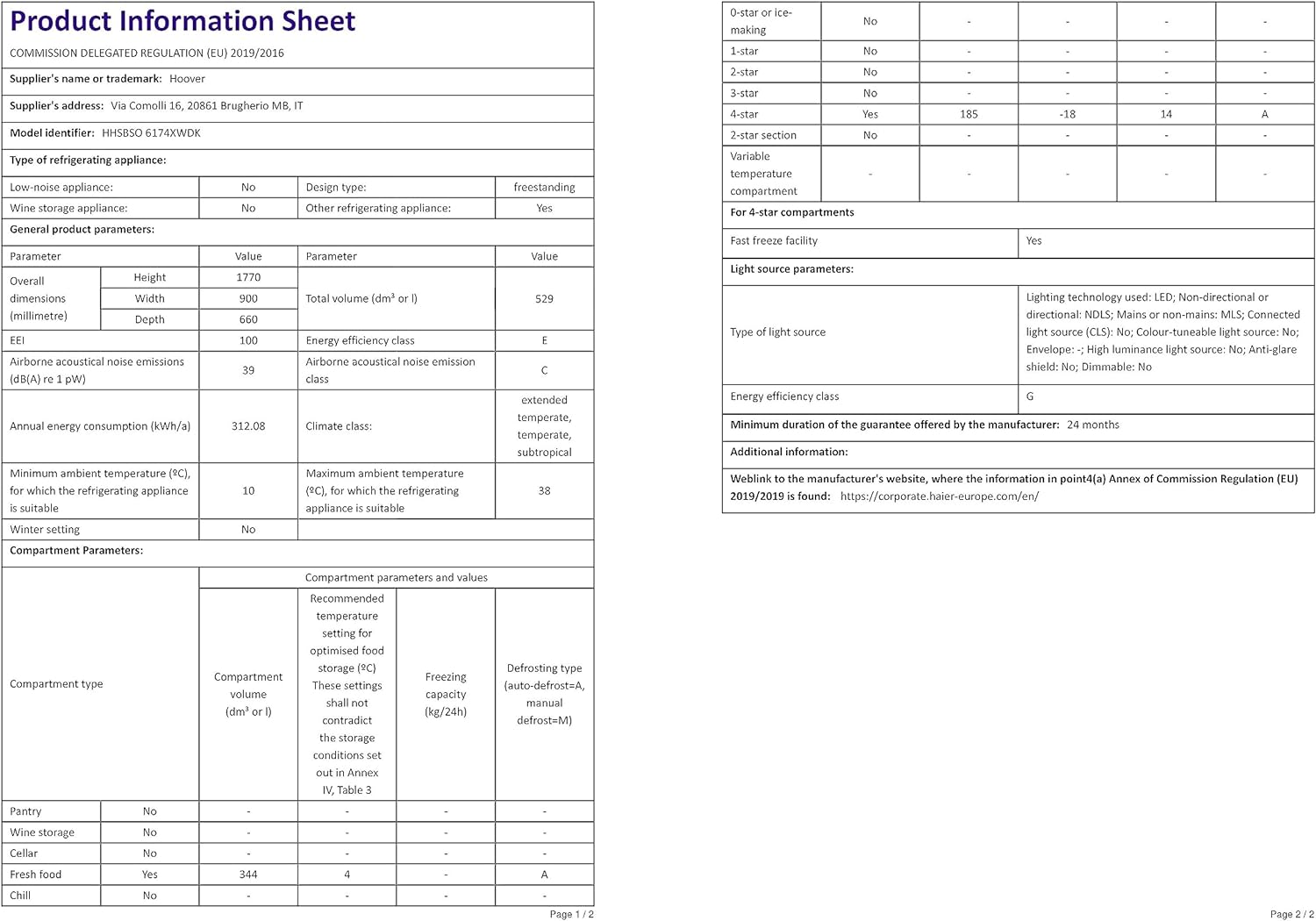 Hoover HHSBSO6174XWDK Freestanding  Fridge Freezer, Total No Frost, 521L Total Capacity, 90.2cm Wide, No Plumbing Water Dispenser, Stainless Steel [Energy Class E]