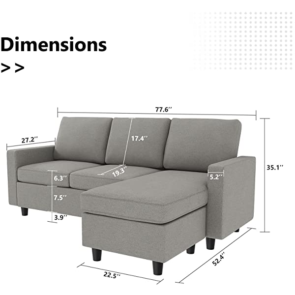 HONBAY Convertible Sectional Sofa Couch, L-Shaped Couch with Modern Linen Fabric for Small Space Dark Grey