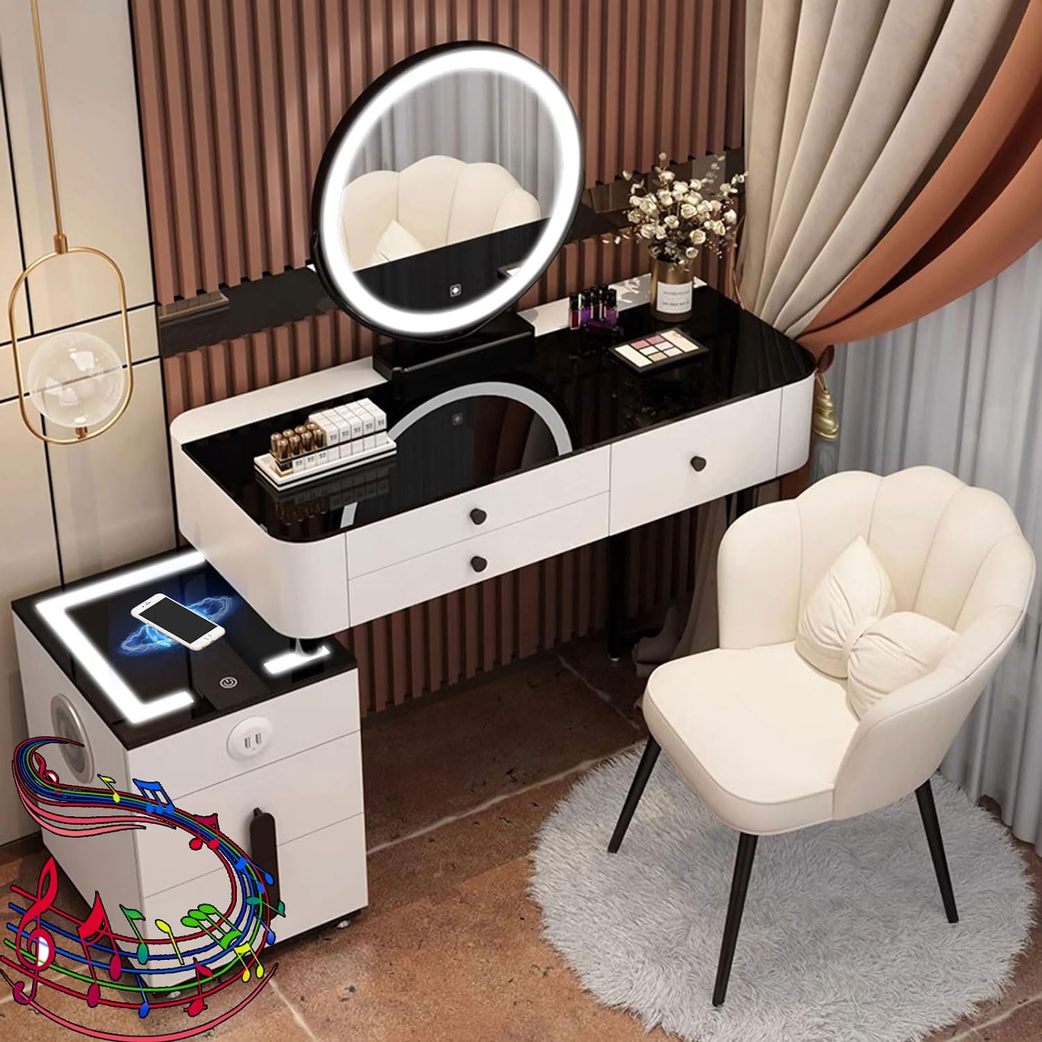 GOOCOO Dressing Table - Makeup Vanity Desk with Wireless Charging Station and Bluetooth Speaker - Vanity Set Contains Makeup Mirror, 5 Drawers and Makeup Stool for Bedroom
