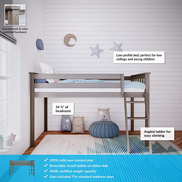 Max & Lily Twin Low Loft Bed with Staircase, White White Low Loft + Staircase Bed