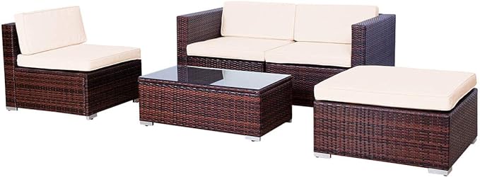 EVRE California Brown Outdoor Rattan Garden Furniture Conversation Set with Handwoven PE Wicker Sectional Sofa Glass Top Table Cushions for Patio Deck Conservatory