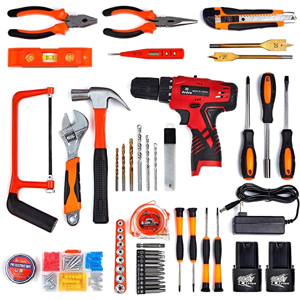 Dedeo Tool Set with Drill, 108Pcs Cordless Drill Household Power Tools Set with 16.8V Lithium Driver Claw Hammer Wrenches Pliers DIY Accessories Tool Kit Medium