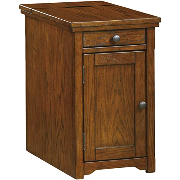 Signature Design by Ashley Tyler Creek Rustic Chair Side End Table with Pull-Out Tray & USB Ports, Brown Blackish Brown Table