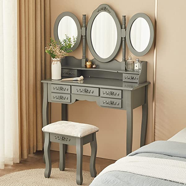 Vanity Table Set with Tri-Folding Mirror Makeup Dressing Table with Cushioned Stool & 7 Drawers and a Shelf, Makeup Dressing for Women, Girls, Bedroom (Grey)