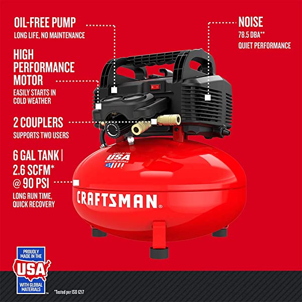 CRAFTSMAN Air Compressor, 6 Gallon, Pancake, Oil-Free with 13 Piece Accessory Kit (CMEC6150K) Air Compressor w/ Accessory Kit