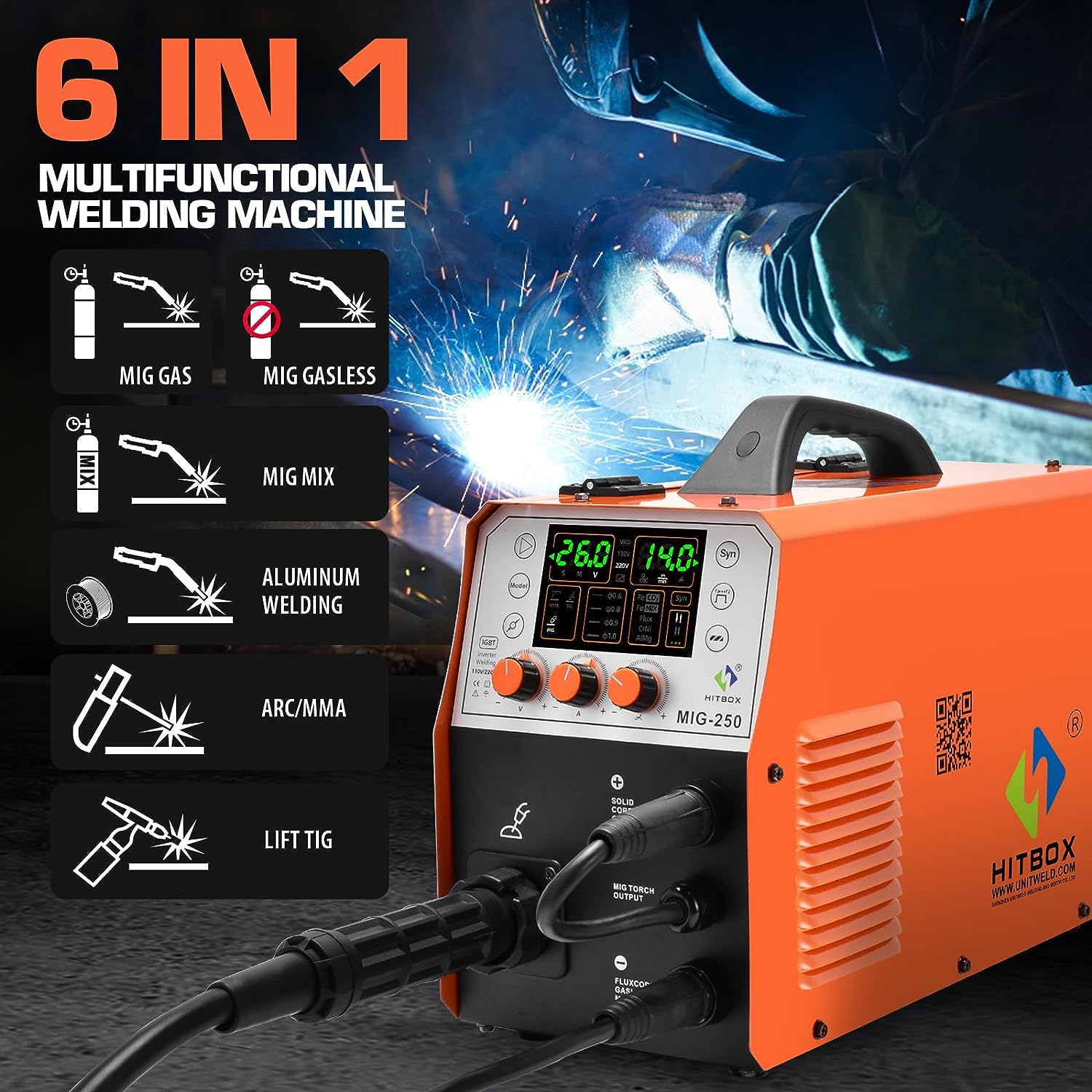 HITBOX 5 in 1 MIG Welder Gas 250A 240V LCD Digital MIG Welder Flux Solid Wire