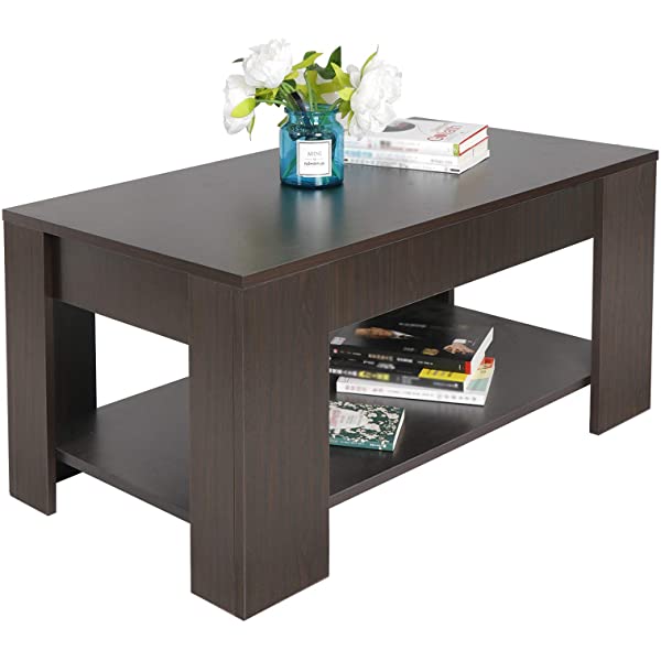 SUPER DEAL Lift Top Coffee Table w/Hidden Compartment and Storage Shelves Pop-Up Storage Cocktail Table for Living Room Reception Room Espresso