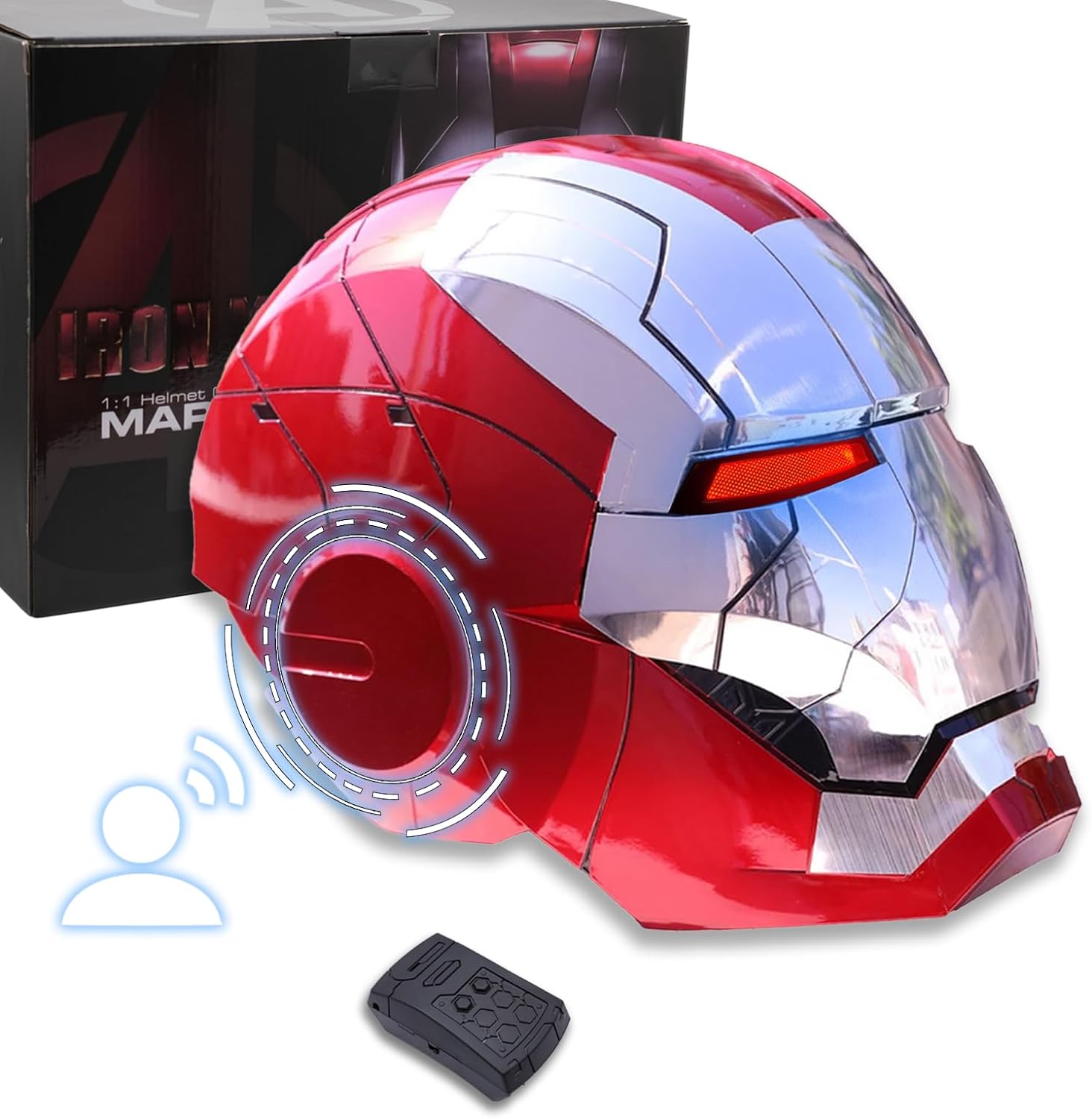 Adult Iron-Mans Helmet Electronic MK 5 Helmet with Jarvis Voice/Sensing/Remote Control Open/Close Sounds & LED Eyes Light Up Super Hero Movie 1:1 Model for Halloween