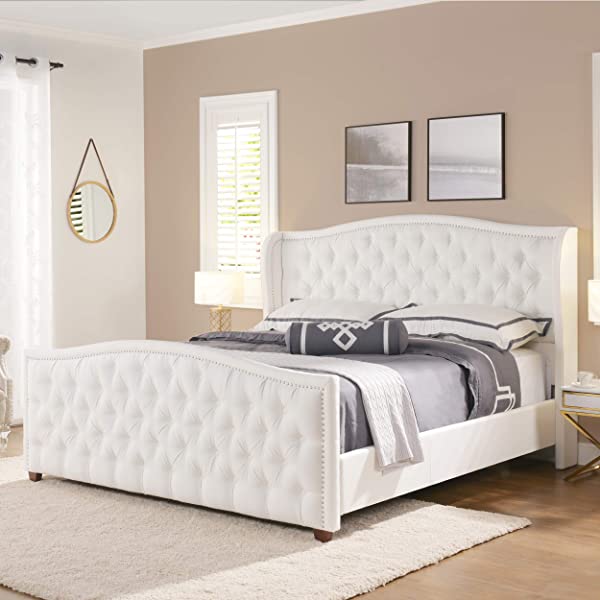 Jennifer Taylor Home Marcella Collection Queen Wingback Tufted Hand-Applied Nail Heads Upholstered Bed, Antique White Antique White Queen