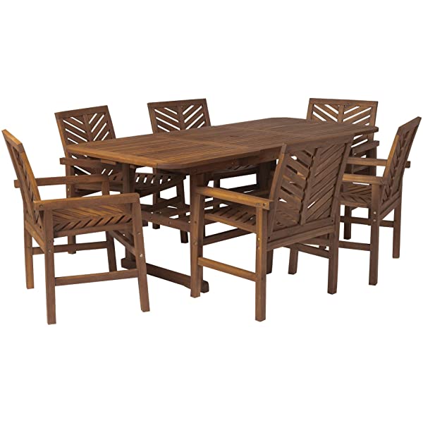 Walker Edison 5 Person Outdoor Wood Chevron Patio Furniture Dining Set Table Chairs Bench All Weather Backyard Conversation Garden Poolside Balcony, 4 Piece, Brown Brown 4 Piece Dining Set