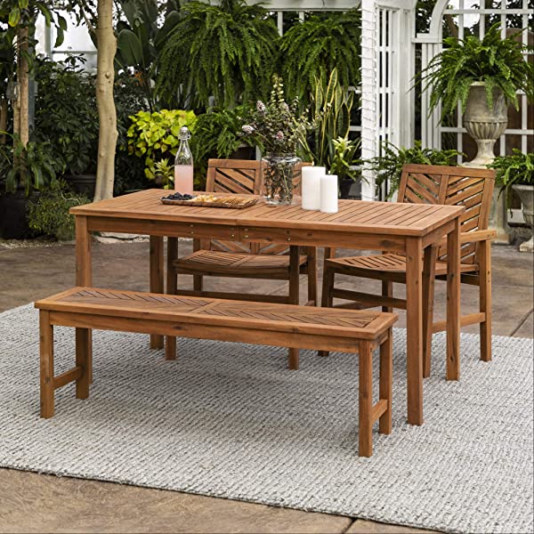 Walker Edison 5 Person Outdoor Wood Chevron Patio Furniture Dining Set Table Chairs Bench All Weather Backyard Conversation Garden Poolside Balcony, 4 Piece, Brown Brown 4 Piece Dining Set